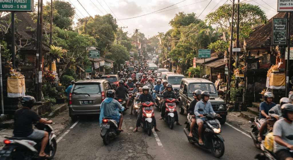 A Realistic 10-Day Bali Itinerary: What to See, Skip, and Expect 232 Congested road in Bali with cars and multiple scooters sharing a narrow lane.