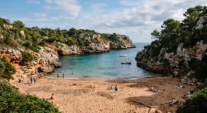 Clear blue waters and sandy coastline at one of Spain’s best beaches