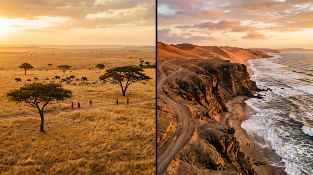 Panorama illustrating the diverse landscapes across different African travel destinations
