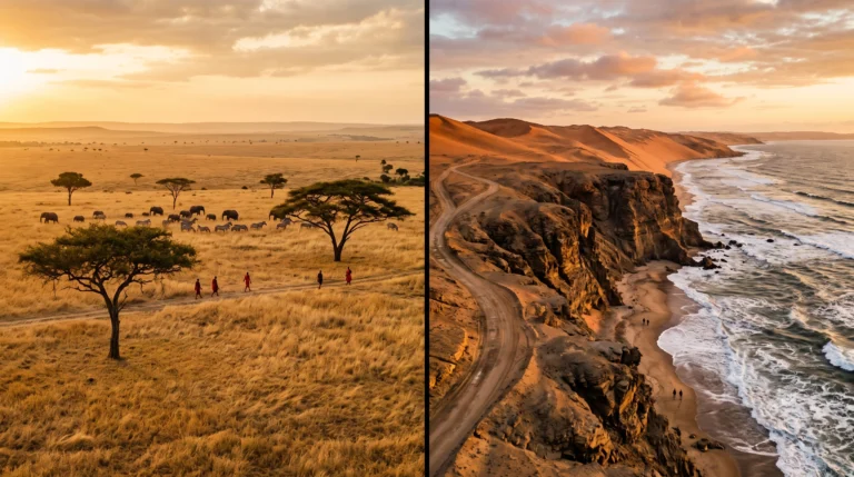 Panorama illustrating the diverse landscapes across different African travel destinations
