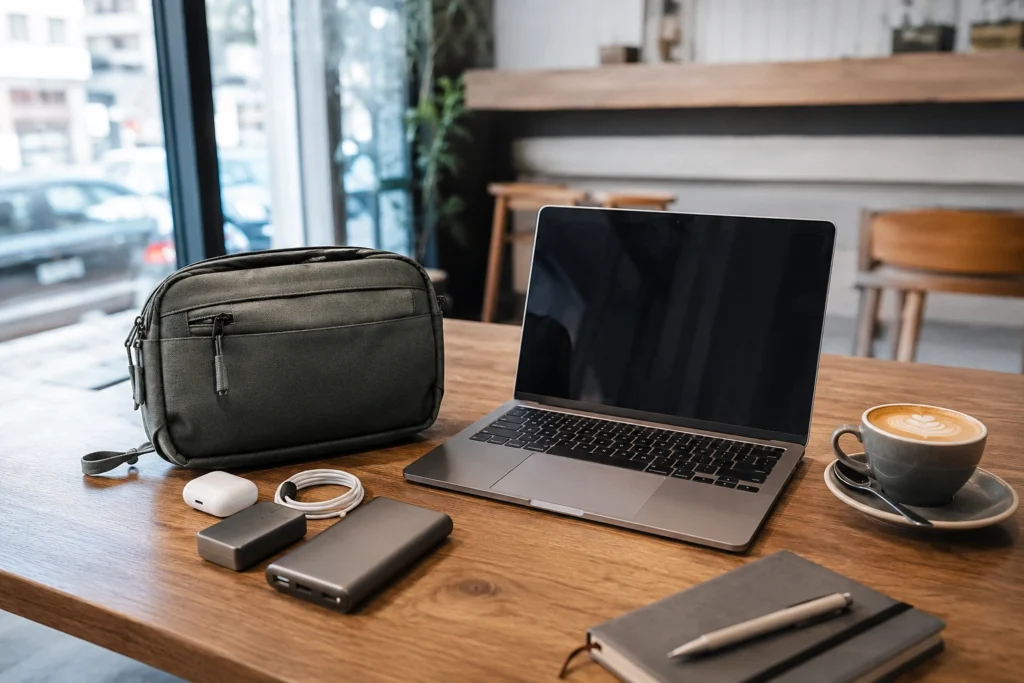 A minimalist travel tech setup featuring a compact laptop stand, charging brick, and slim battery bank on a wooden table.