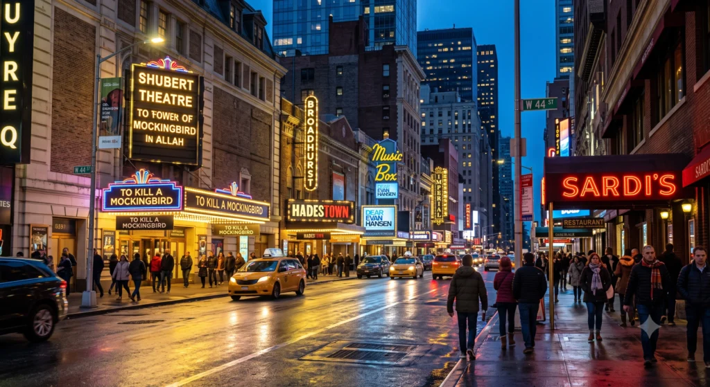 Broadway theatre marquees lit up at night along a busy Midtown Manhattan street.