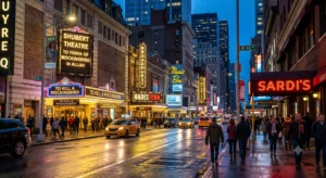 Broadway theatre marquees lit up at night along a busy Midtown Manhattan street.