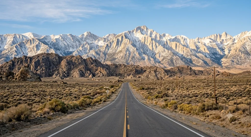 A long stretch of California Highway 395 stretching toward the dramatic granite peaks of the Eastern Sierra.