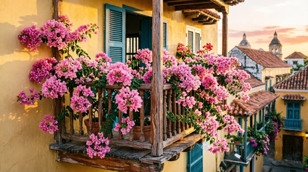 Colonial street in Cartagena Colombia with flower-covered wooden balconies during golden hour sunset.
