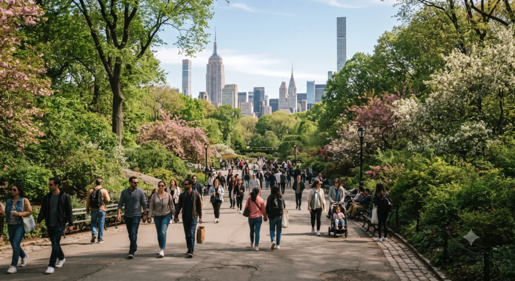 People walking through Central Park on a clear day