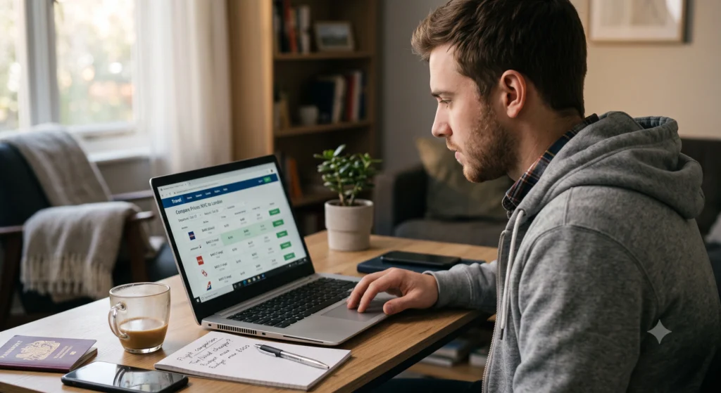Traveller comparing cheap flight options on a laptop