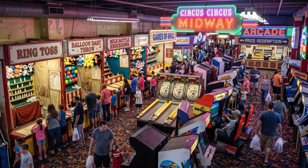 The Midway arcade at Circus Circus showing brightly lit carnival games and family crowds.
