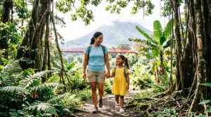 A mother and young daughter exploring a lush rainforest suspension bridge trail in Costa Rica