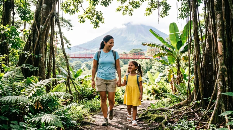 A mother and young daughter exploring a lush rainforest suspension bridge trail in Costa Rica