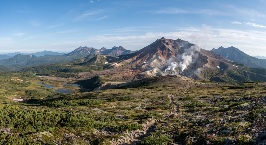 Steaming volcanic vents next to a mountain pond surrounded by alpine landscape in Daisetsuzan National Park.