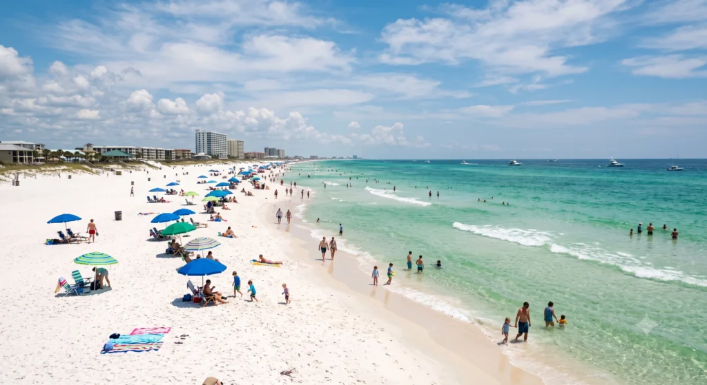 White sand beach and emerald Gulf water in Destin-Fort Walton Beach