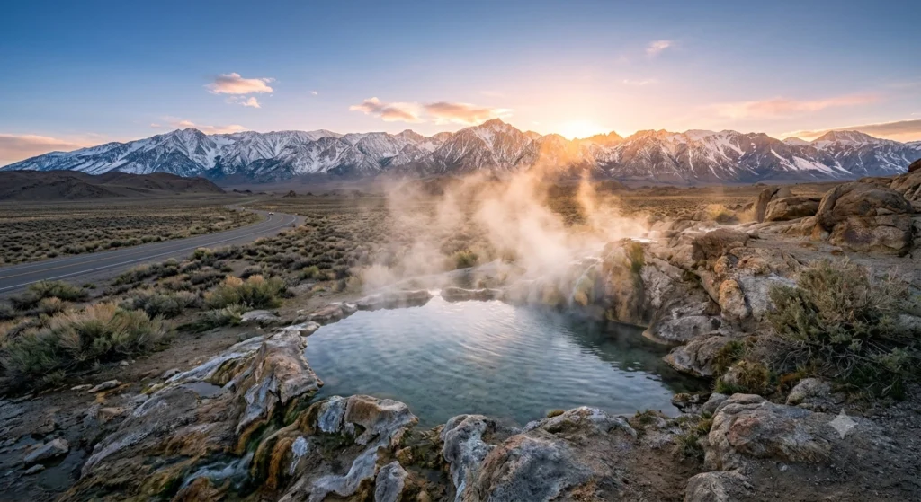 A natural geothermal hot spring pool with steam rising against an expansive mountain horizon.