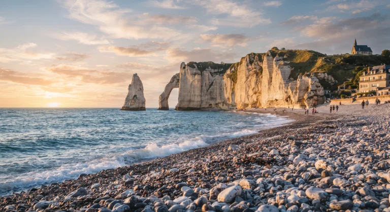 Dramatic chalk cliffs and natural arch over the stone pebble shore of Étretat beach in Normandy, France