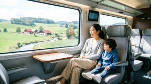 Mother and young child looking out the window during a comfortable high-speed train journey across Europe