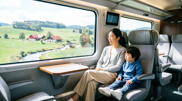 Mother and young child looking out the window during a comfortable high-speed train journey across Europe