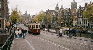 Europe travel guide hero image showing a walkable city with historic buildings and transit access