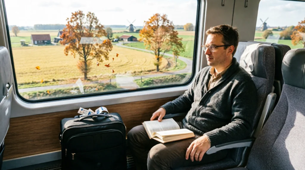 Traveller sitting on a high-speed European train looking at countryside scenery during a multi-city journey.