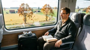 Traveller sitting on a high-speed European train looking at countryside scenery during a multi-city journey.