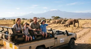 Family watching elephants during a Kenya safari in Amboseli National Park