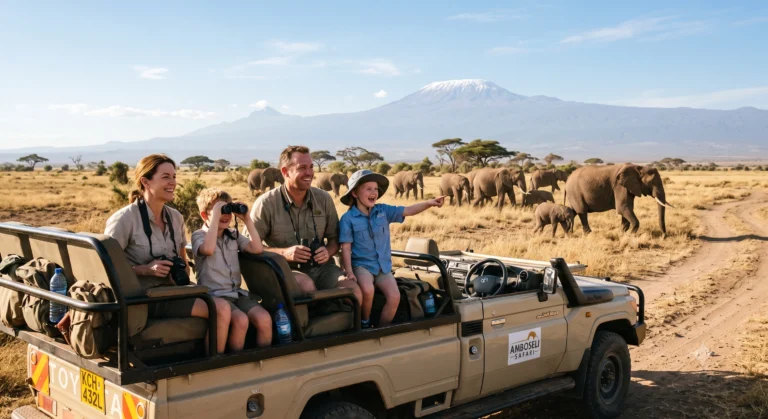 Family watching elephants during a Kenya safari in Amboseli National Park