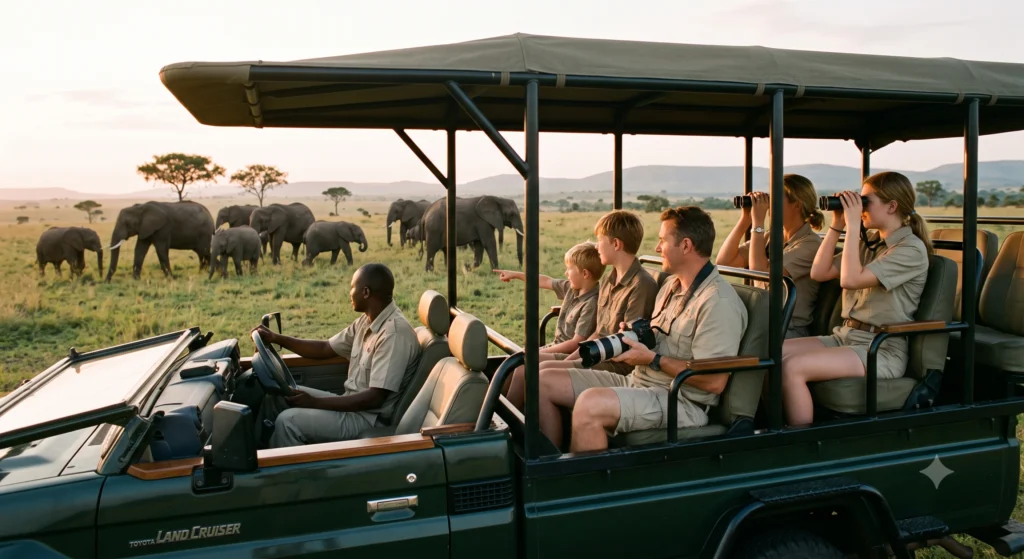 Family on a guided game drive watching elephants in an open vehicle