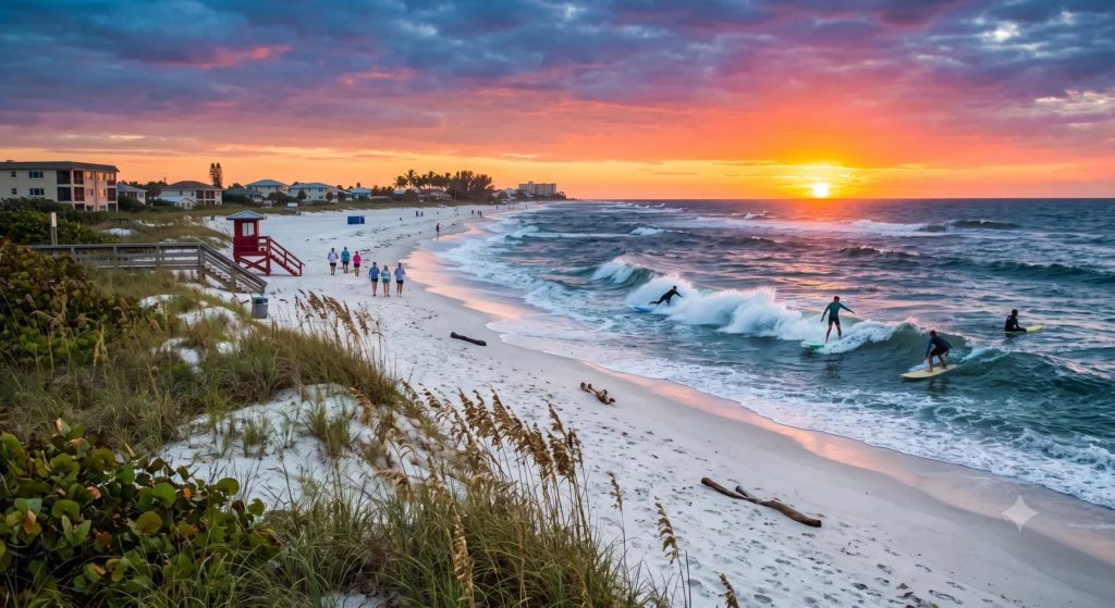 Florida's Best Beaches: Honest Guide to Choosing the Right One 233 Surfers entering the Atlantic Ocean at sunrise in Florida.