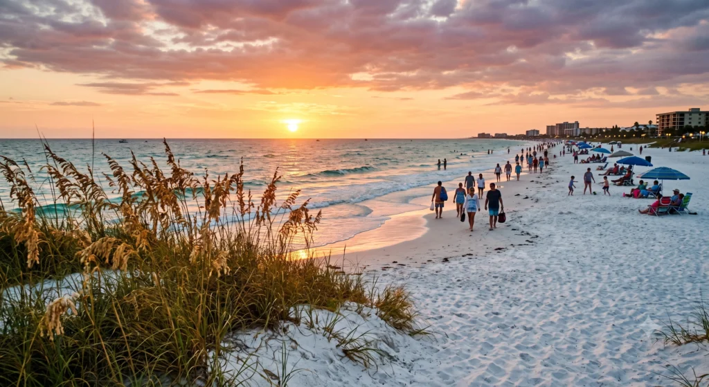 Visitors walking along a wide white-sand beach on Florida's Gulf Coast at sunset.