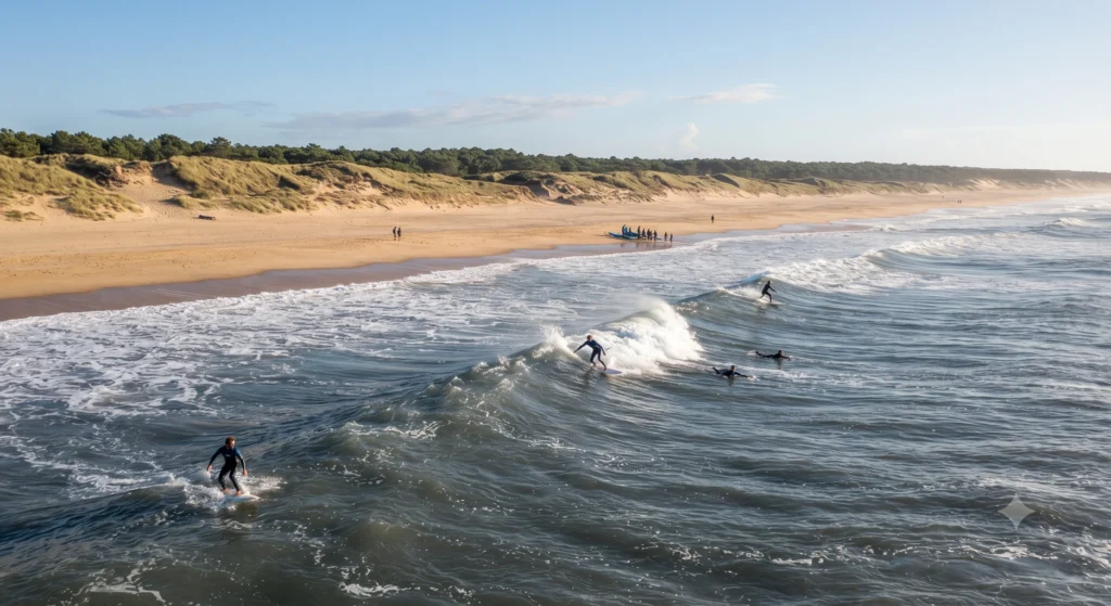 Surfers riding waves on an Atlantic beach in southwestern France.