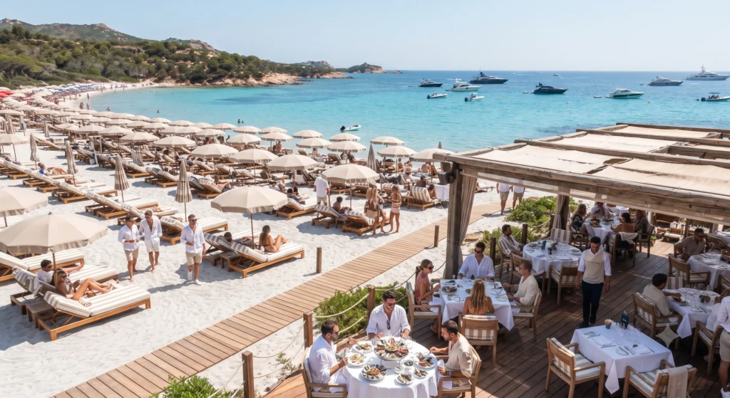 Sun loungers and umbrellas at a beach club on the French Riviera.