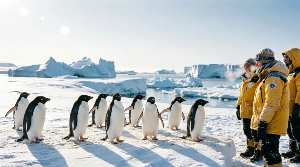 Gentoo penguins on a snowy Antarctic shoreline during a passenger shore landing
