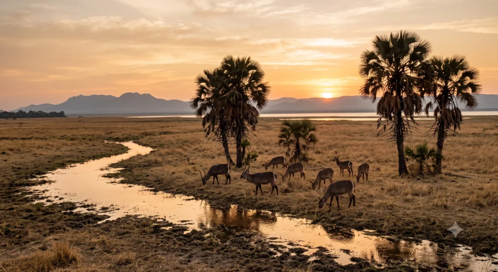 Large herd of waterbuck on the open floodplains of Gorongosa National Park Mozambique