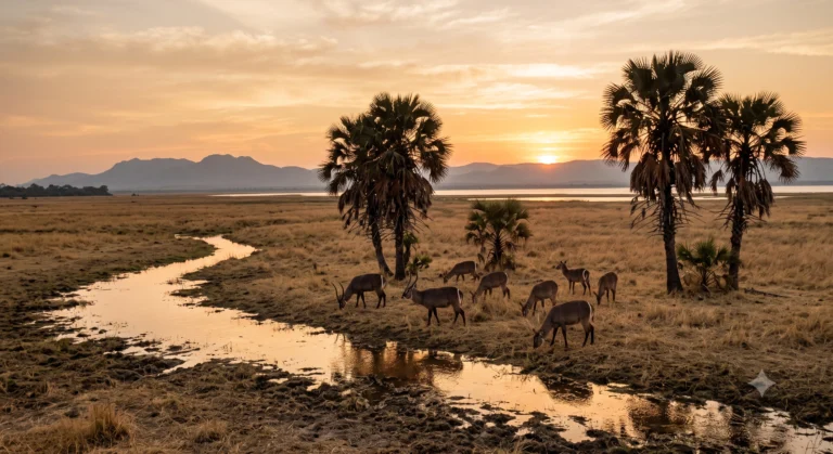 Large herd of waterbuck on the open floodplains of Gorongosa National Park Mozambique