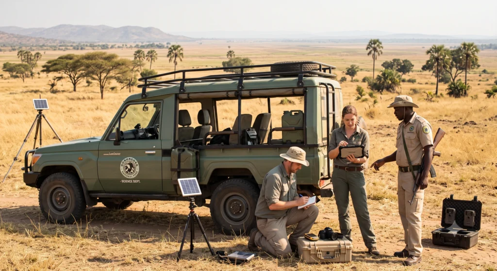 Park rangers and researchers on a wildlife monitoring drive in Gorongosa