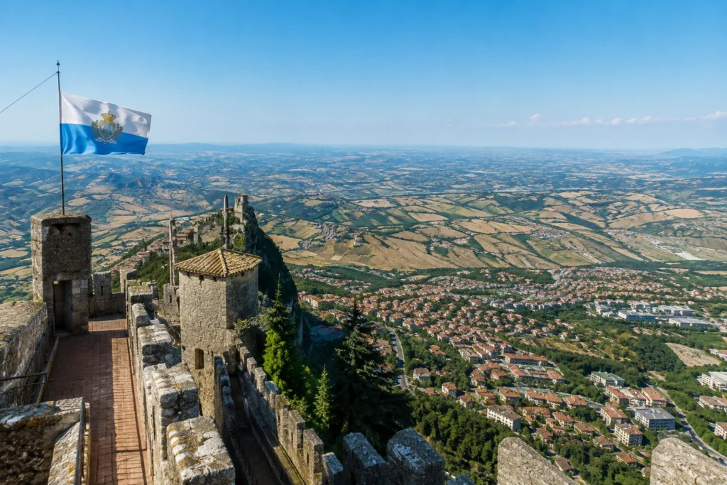 Panoramic landscape seen from Guaita Tower on Mount Titano