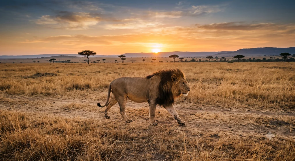 Male African lion walking through tall golden grass in the Maasai Mara Kenya during morning safari.