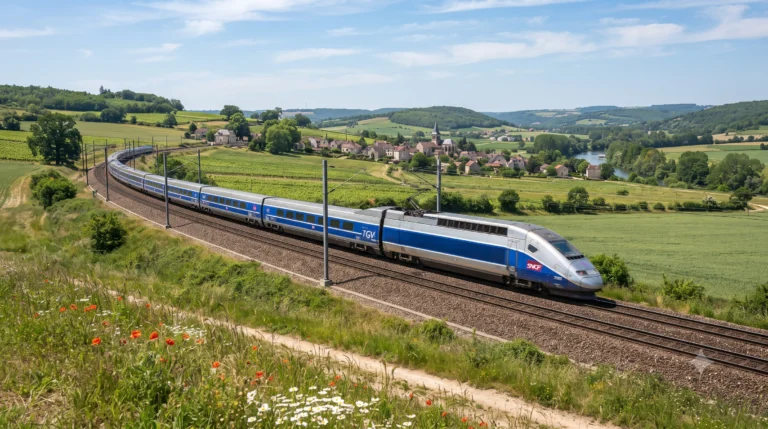 High-speed TGV train travelling through rural France