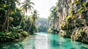 Hotel Xcaret Mexico natural river cove surrounded by lush jungle cliffs