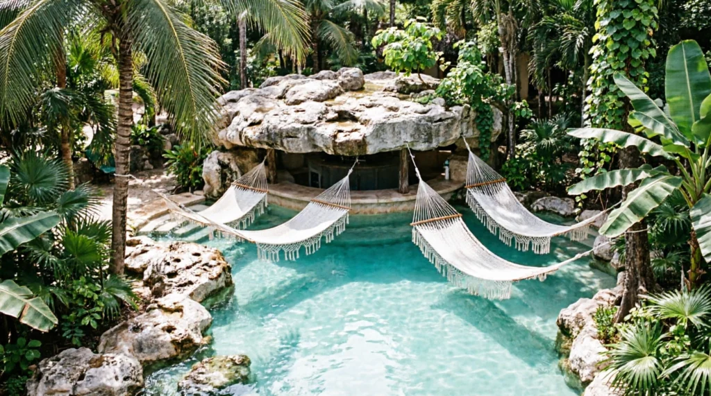 Swim-up pool integrated into natural limestone formations at Hotel Xcaret Mexico