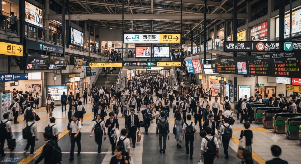 Crowded main hall of a major Tokyo train station during rush hour
