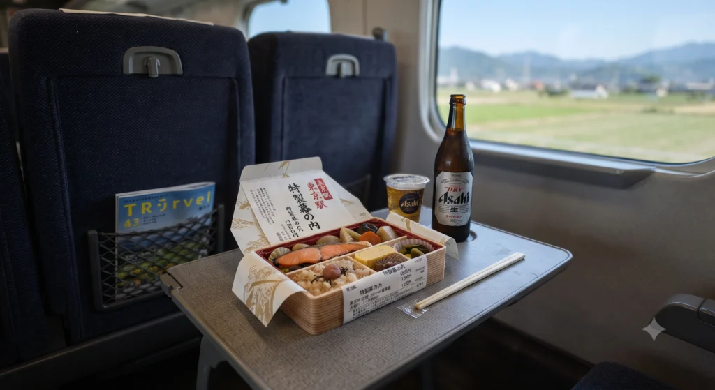 Ekiben bento box and drink on a shinkansen tray table