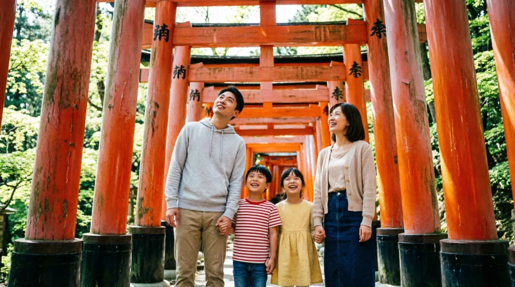 Family with two young children walking through the historic red Torii gates in Kyoto Japan