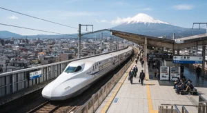 Shinkansen bullet train at a Japanese station with Mt Fuji in the background