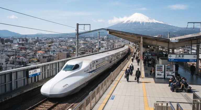 Shinkansen bullet train at a Japanese station with Mt Fuji in the background