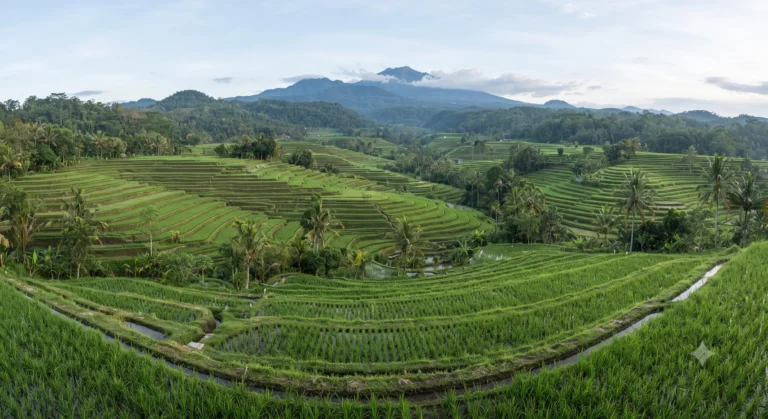 Expansive green rice terraces of Jatiluwih under a blue sky.