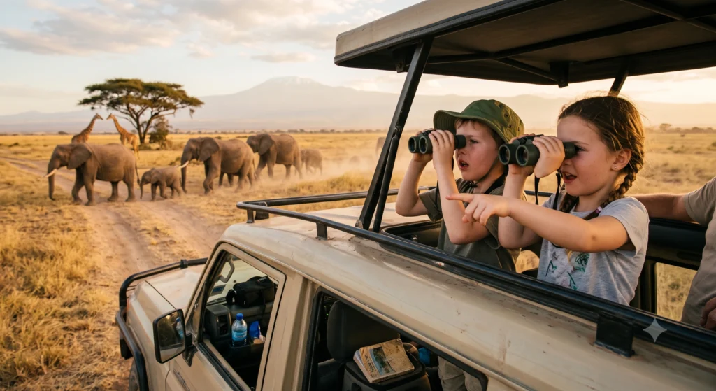 Children enjoying wildlife viewing on Kenya safari