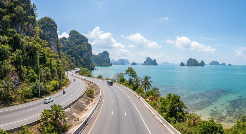 Road Trips in Thailand: Which Routes Are Actually Worth Your Time 233 Coastal road between Krabi and Phuket with limestone cliffs and turquoise sea