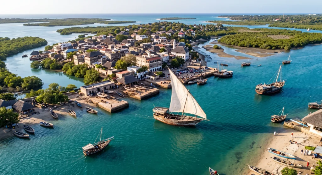 Traditional dhow boat sailing near Lamu Island Kenya Coast.