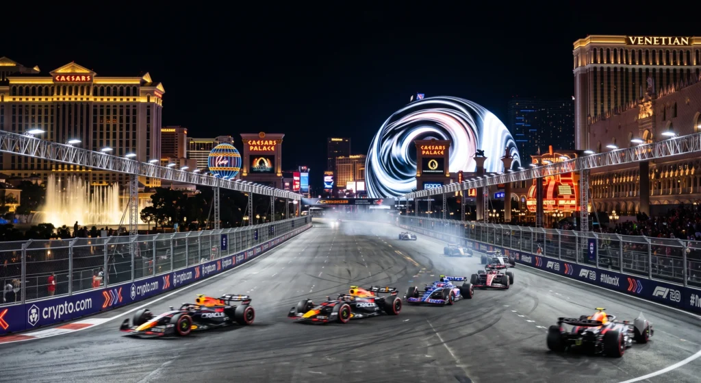 Las Vegas F1 Grand Prix Guide: What to Know Before Booking (2026) 231 Formula 1 cars racing down the Las Vegas Strip past illuminated casino neon lights at night.