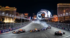 Formula 1 cars racing down the Las Vegas Strip past illuminated casino neon lights at night.